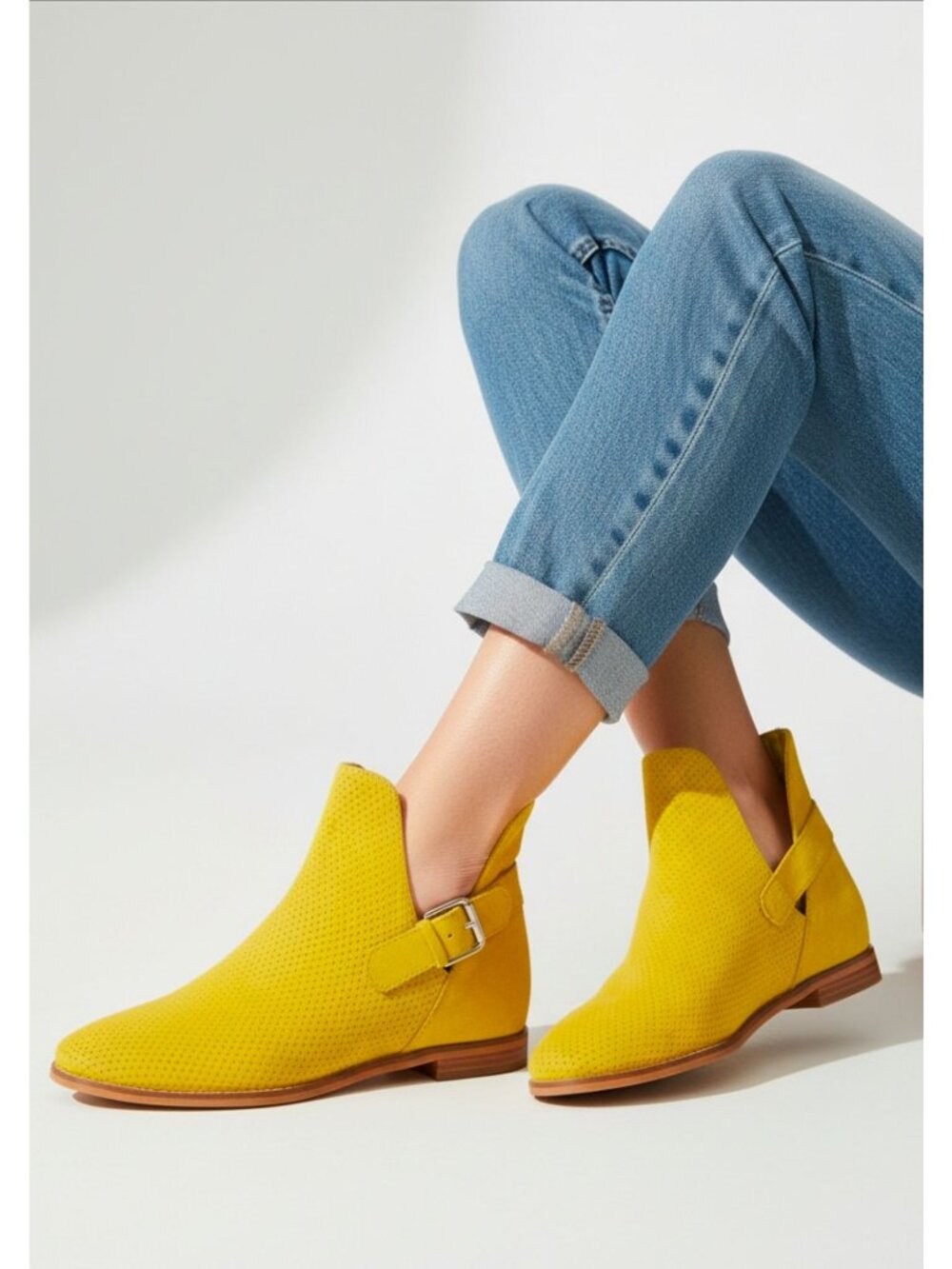 Khaki Perforated Faux Suede Pointed-Toe Ankle Boots With Buckle Strap Low Heel D